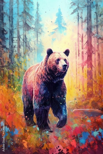 watercolor featuring a powerful and majestic bear against a backdrop of nature. bold and vibrant colors to bring out the strength and beauty of the bear
