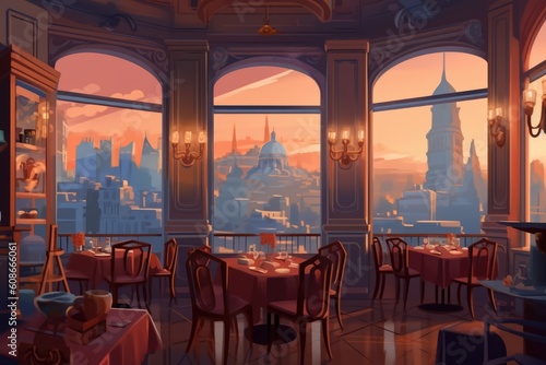 General view of fancy restaurant interiors with city view, created using generative ai technology