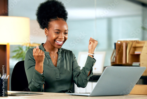 Εκτύπωση καμβά Business, celebration and black woman with success on laptop, computer or working achievement, promotion or bonus