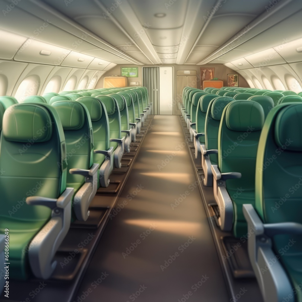 Interior of airplane with empty seats, created using generative ai technology Interior of airplane with empty seats, created using generative ai technology