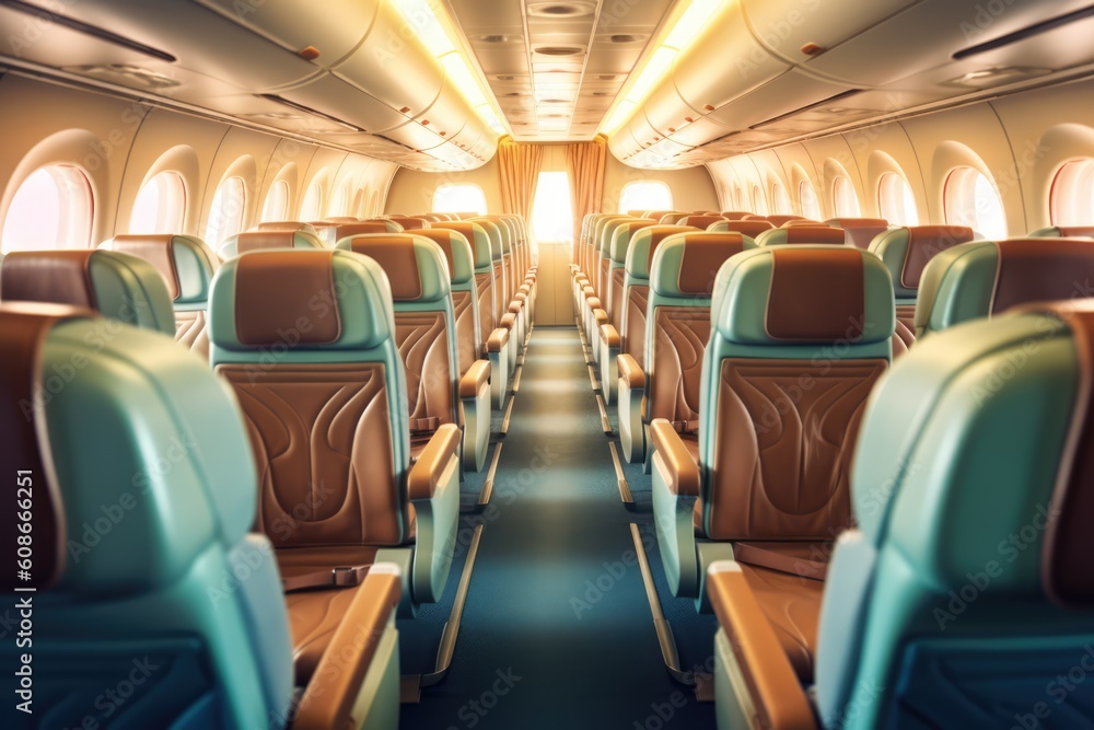 Interior of airplane with empty green seats, created using generative ai technology Interior of airplane with empty green seats, created using generative ai technology