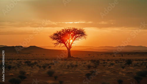Silhouette of acacia tree back lit by orange sunset beauty generated by AI