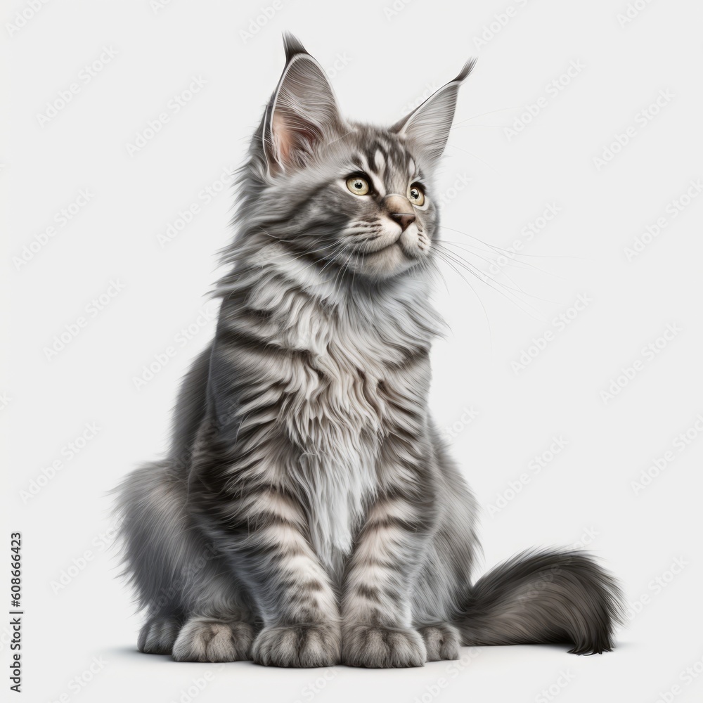 Obraz premium Close up of grey main coon cat on white background created using generative ai technology