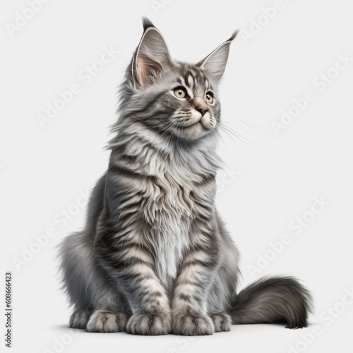 Close up of grey main coon cat on white background created using generative ai technology