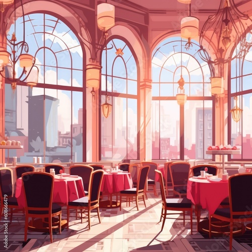 General view of fancy restaurant interiors with big windows  created using generative ai technology