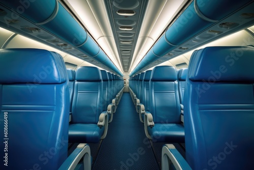 Interior of airplane with empty blue seats, created using generative ai technology