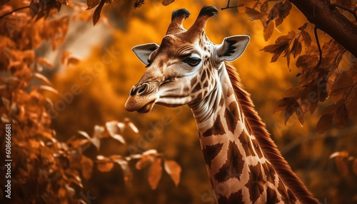 The elegant giraffe standing in the wilderness  looking at camera generated by AI