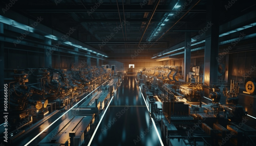Modern steel factory uses machinery for production line in dim lighting generated by AI