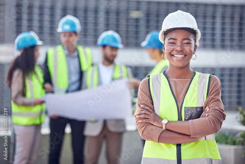 Engineer, black woman or manager at construction site outdoor for civil engineering and architecture. Portrait of leader for gender equality with architect people and smile for city project success