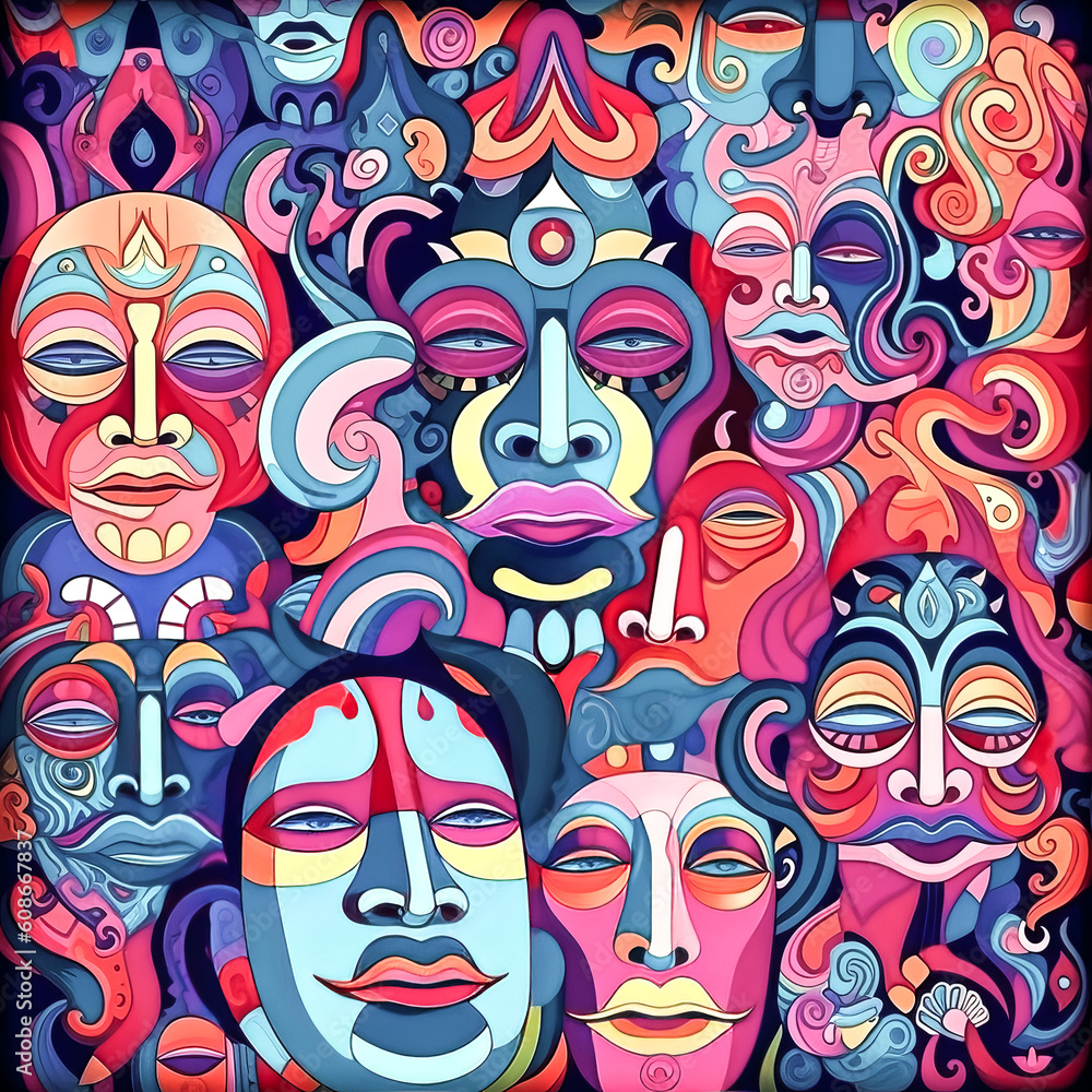 A Colorful array of abstract faces come together to create a vibrant pattern - generative ai