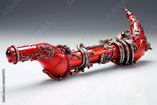 Alien clarinet with a striking red body, its elongated shape and intricate keywork producing enchanting tones that resonate with celestial clarity illustration generative ai photo