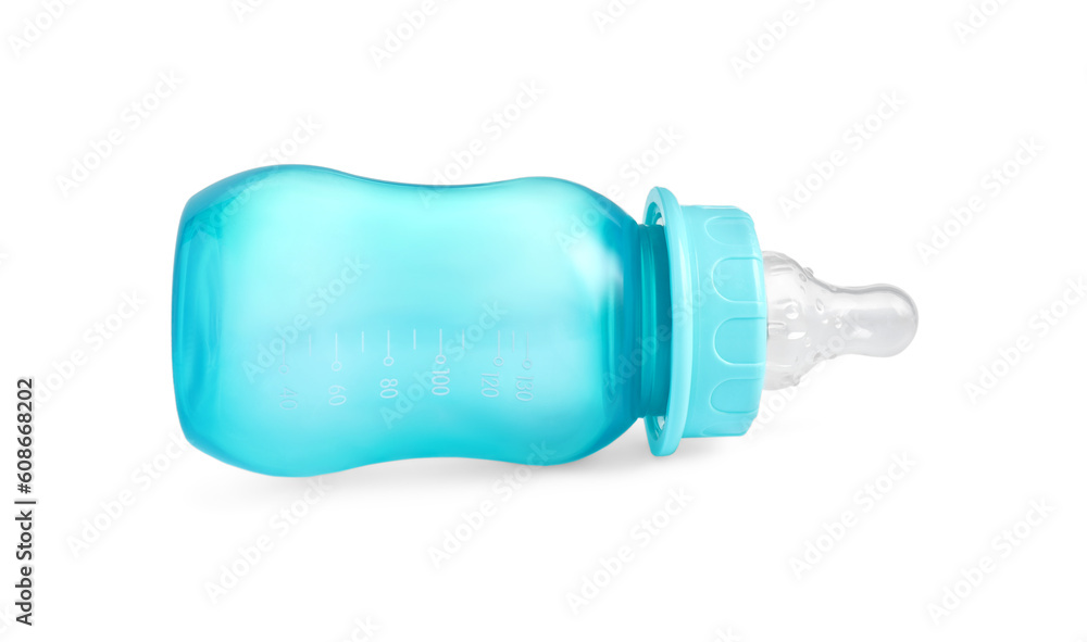 Empty turquoise feeding bottle for infant formula isolated on white Empty turquoise feeding bottle for infant formula isolated on white