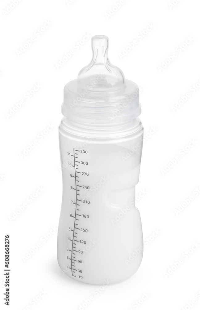 One feeding bottle with infant formula on white background One feeding bottle with infant formula on white background