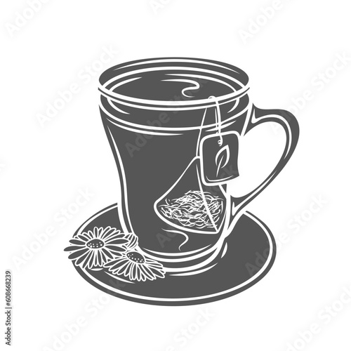 Herbal tea cup glyph icon vector illustration. Stamp of mug with organic yoga tea for healthy sleep and wellness and paper bag with herbs, chamomile flowers on plate, teacup with anti stress beverage