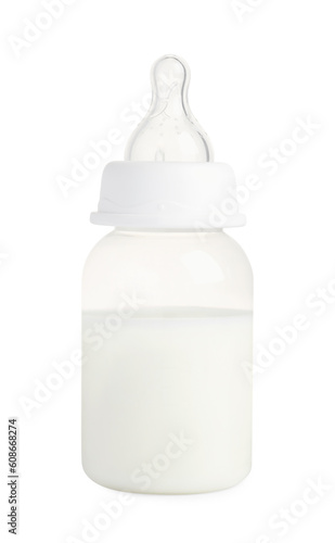 One feeding bottle with infant formula on white background