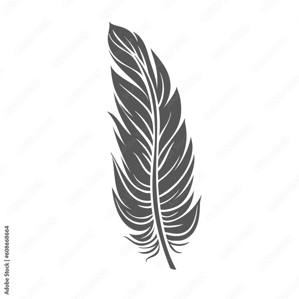Feather glyph icon vector illustration. Stamp of soft quill of birds wing for comfort sleep on pillow, curve goose or swan feather falling down, single twirled elegant plume pen for calligraphy