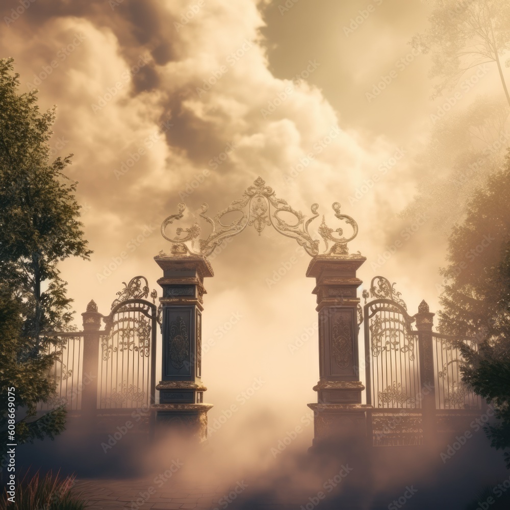 Obraz premium Gates of heaven with clouds and sunset, created using generative ai technology