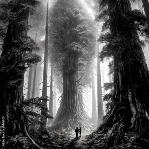 Two tall Redwood trees intertwine their branches - generative ai.