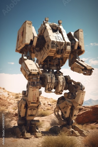 White mecha giant robot over desert  created using generative ai technology