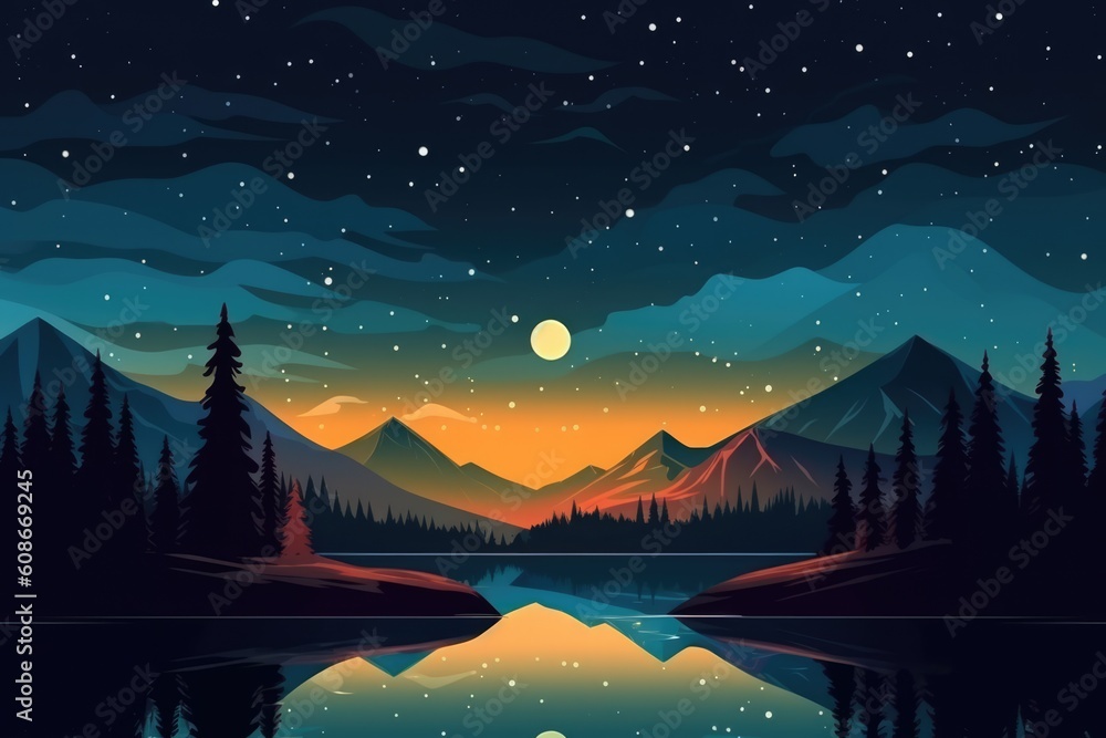 Fototapeta premium Landscape with trees, mountains and lake at night created using generative ai technology