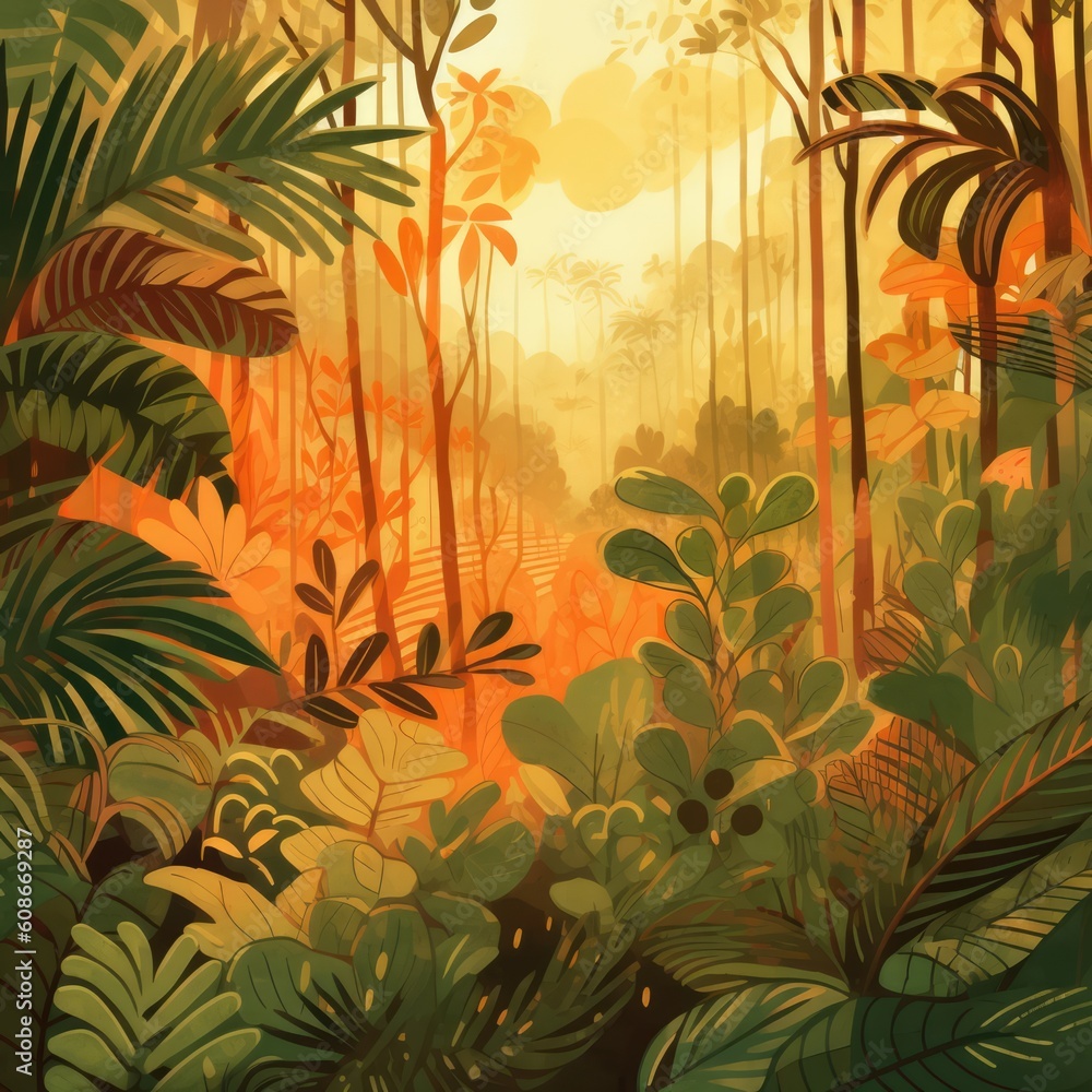 Rainforest with birds and tropical plants, created using generative ai technology