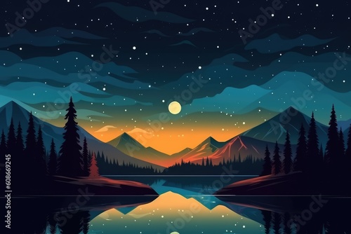 Landscape with trees, mountains and lake at night created using generative ai technology