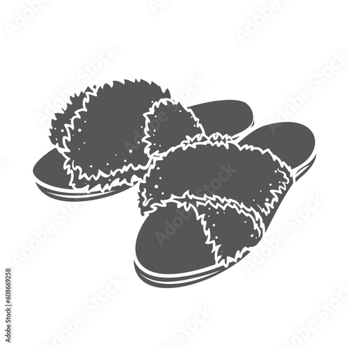 Fluffy cute slippers glyph icon vector illustration. Stamp of female home shoes, pair of cozy footwear for comfort and relax of feet in bedroom and bathroom, slippers comfortable fashion accessory