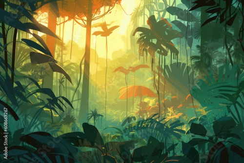 Rainforest with tropical plants at sun shine  created using generative ai technology