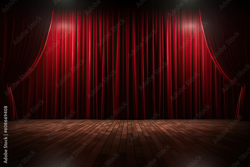 Red curtain theater or opera stage with wooden floor. Template grand opening concert or movie premiere backstage, curtain for ceremony. Generative AI