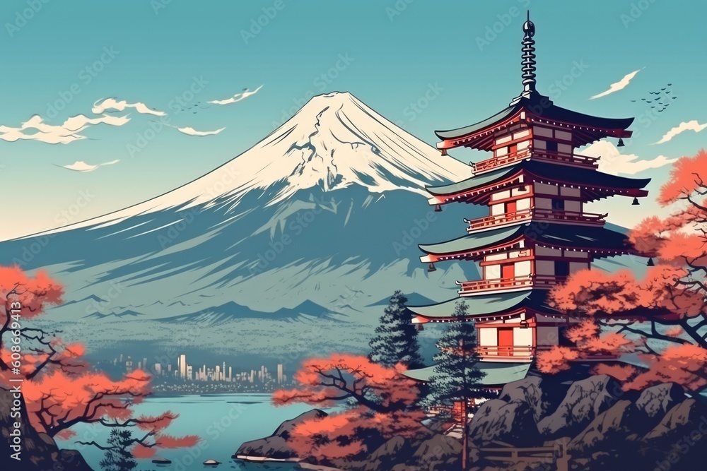Landscape of mount fuji with water waves over temple, created using generative ai technology