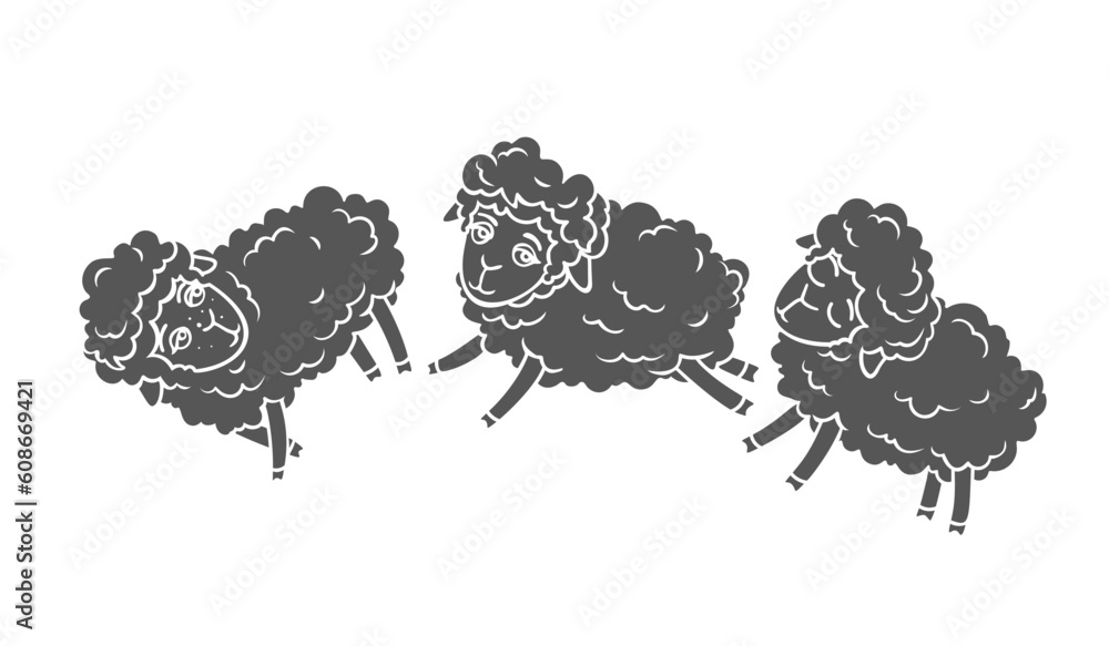 Jumping sheep glyph icons set vector illustration. Stamp of cute baby ...