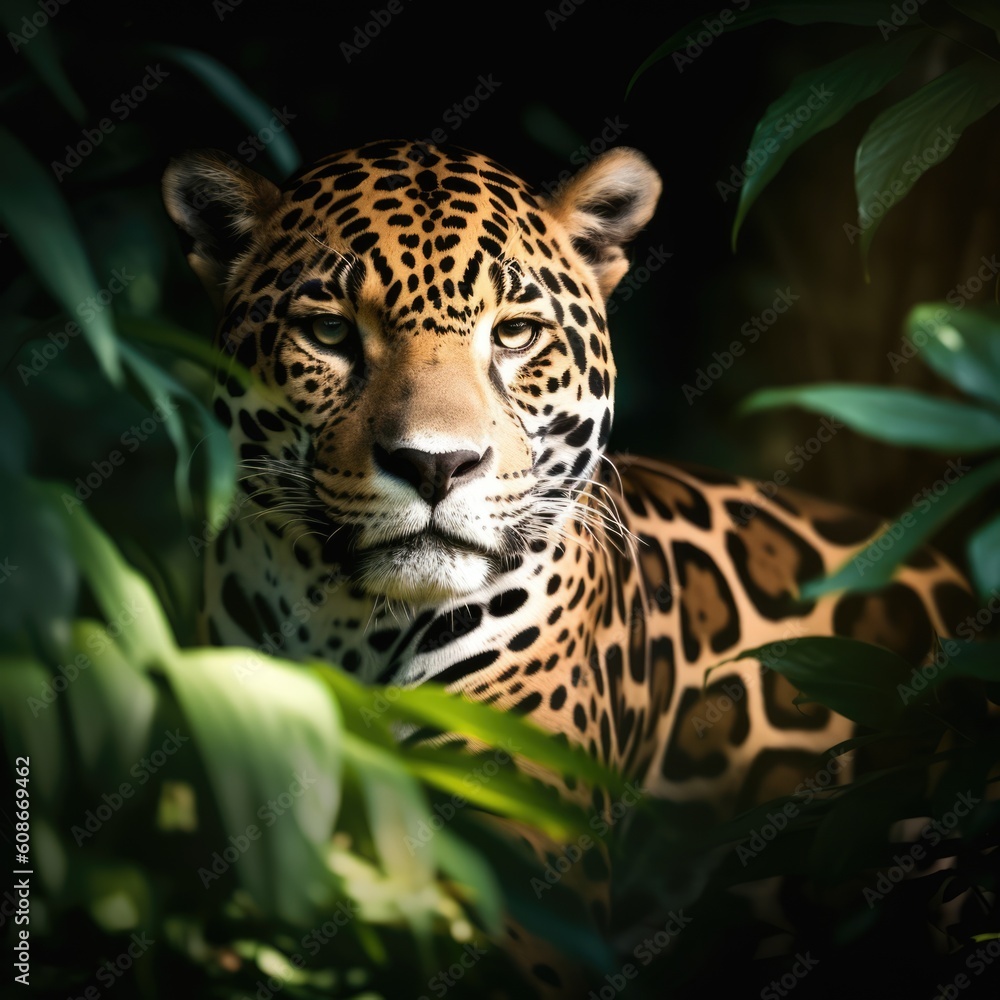 Portrait of jaguar in tropical jungle leaves and plants, created using generative ai technology Portrait of jaguar in tropical jungle leaves and plants, created using generative ai technology