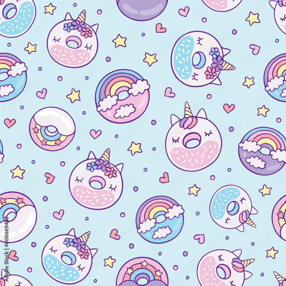 Unicorn and rainbow donuts abstract seamless pattern Unicorn and rainbow donuts abstract seamless pattern