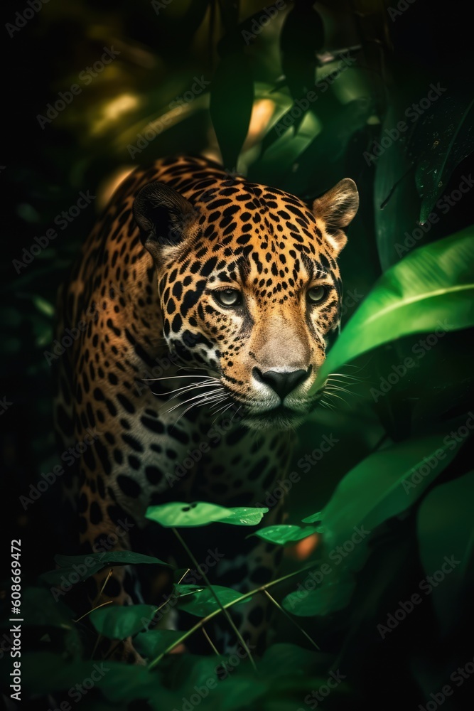 Portrait of jaguar in tropical jungle leaves and plants, created using generative ai technology Portrait of jaguar in tropical jungle leaves and plants, created using generative ai technology