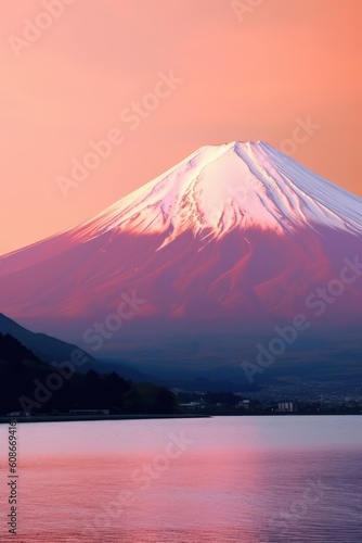 Landscape of mount fuji covered by snow over colourful field, created using generative ai technology