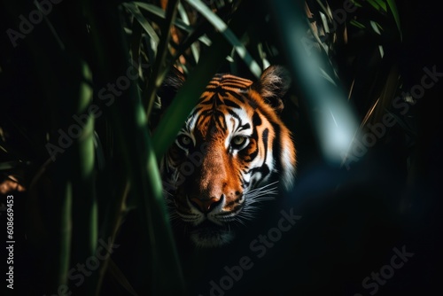 Portrait of tiger in tropical jungle leaves and plants, created using generative ai technology