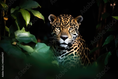 Portrait of jaguar in tropical jungle leaves and plants  created using generative ai technology