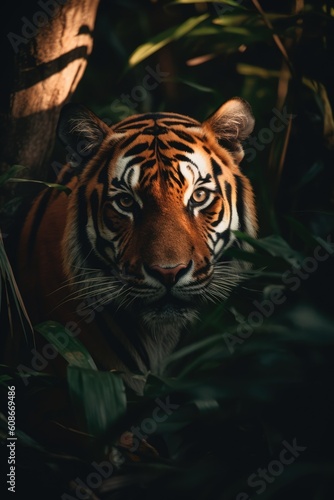 Portrait of tiger in tropical jungle leaves and plants  created using generative ai technology
