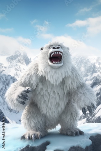 Snow yeti and mountains covered in snow, created using generative ai technology