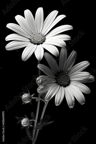 Close up of white daisy flower on black background, created using generative ai technology