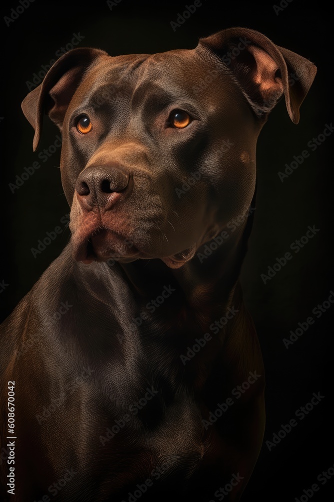 Portrait of black and brown pitbull on brown background, created using generative ai technology