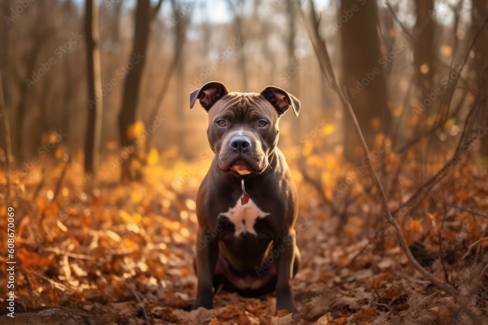 Portrait of black and brown pitbull in autumn forest, created using generative ai technology