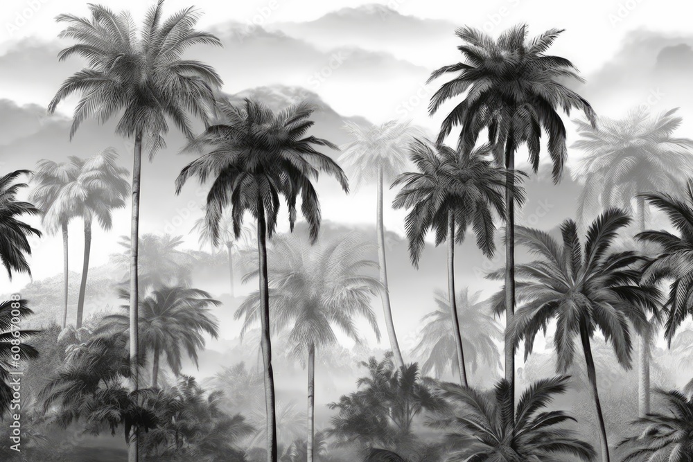 Multiple palm trees in black and white, created using generative ai technology Multiple palm trees in black and white, created using generative ai technology