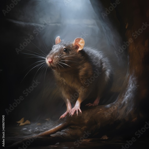 Portrait of big rat on wood in cellar, created using generative ai technology