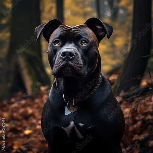 Portrait of black and brown pitbull in autumn forest, created using generative ai technology