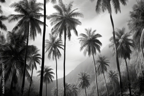Multiple palm trees and mountains in black and white  created using generative ai technology
