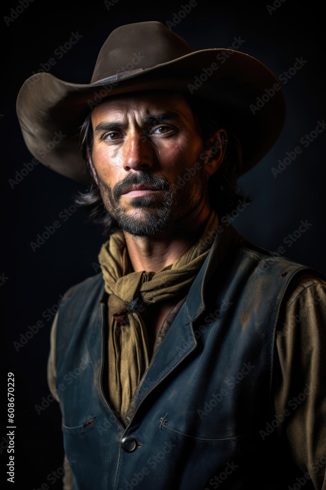 Portrait of rugged caucasian cowboy with hat and beard, created using generative ai technology