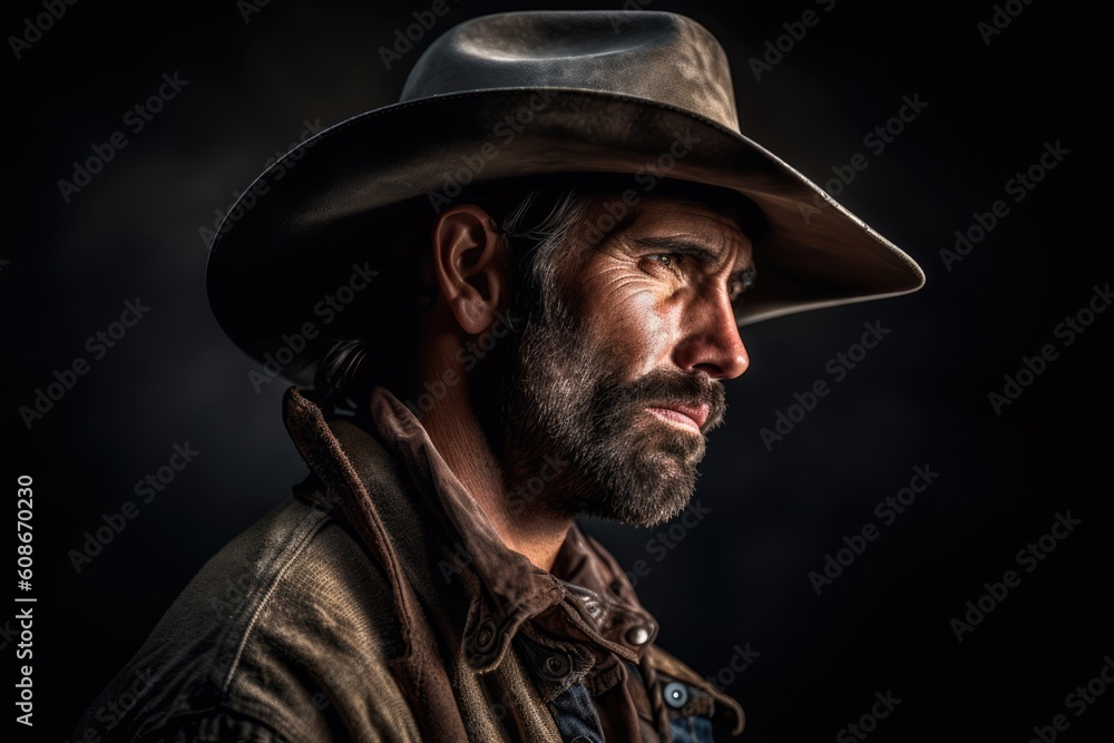 Portrait of caucasian cowboy with hat, created using generative ai technology Portrait of caucasian cowboy with hat, created using generative ai technology