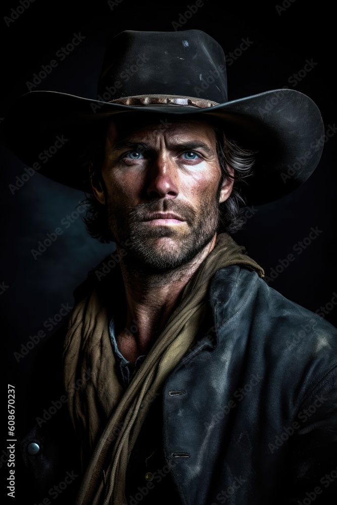 Portrait of rugged caucasian cowboy with hat and beard, created using generative ai technology Portrait of rugged caucasian cowboy with hat and beard, created using generative ai technology