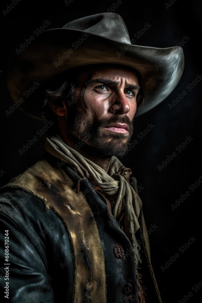 Profile of rugged caucasian cowboy with hat and beard, created using generative ai technology Profile of rugged caucasian cowboy with hat and beard, created using generative ai technology
